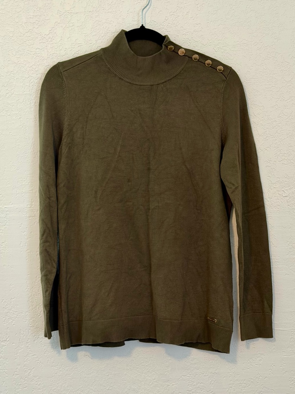 Calvin Klein Olive Turtleneck Sweater with Shoulder Buttons